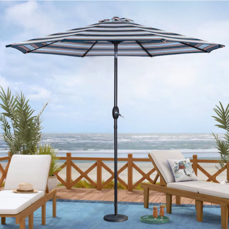 Patio Umbrella With Crank Lift & Push Button Tilt Frame, 200G / Sqm Solution Dyed Canopy - Blue Multi / Brown by HouseOfZazla