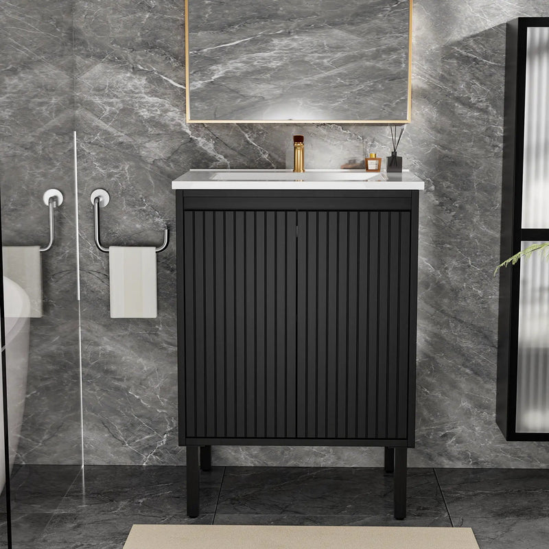 Bathroom Vanity With Ceramic Sink, Floor-Standing Design, Soft-Closing Drawers