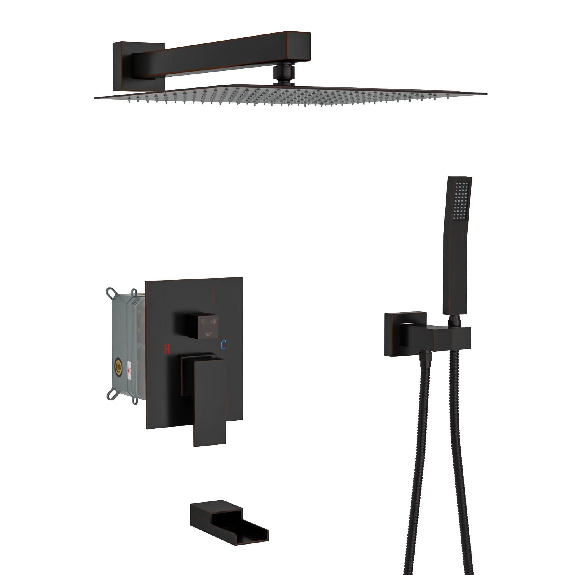 Wall Mounted Square Shower System With Waterfall Tub Spout And 12" Shower Head - Oil-Rubbed Bronze by HouseOfZazla