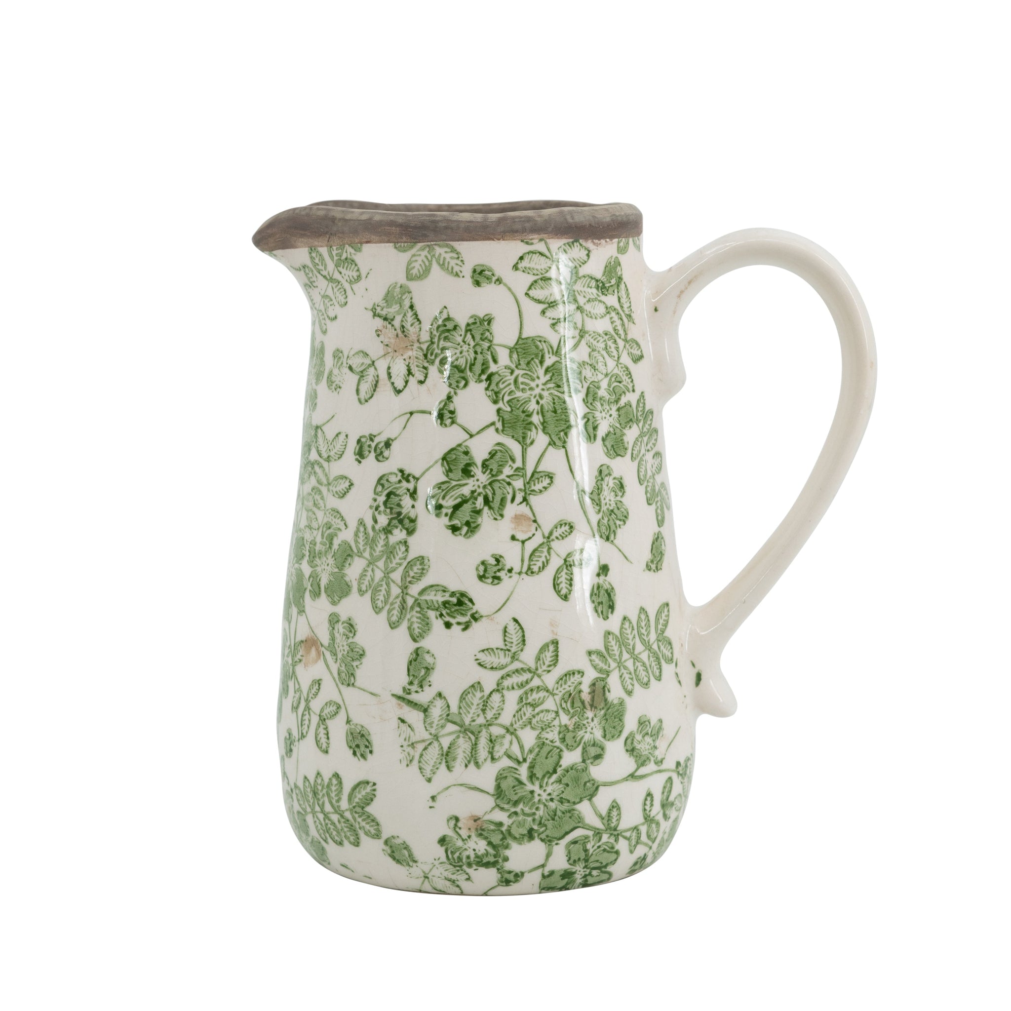 6.3x4.5x7.1' White Ceramic Pitcher Vase with Green Floral Pattern by HouseOfZazla