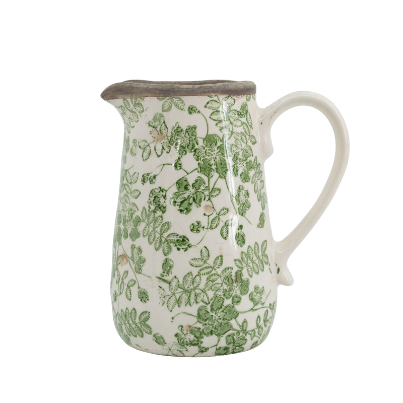 6.3x4.5x7.1' White Ceramic Pitcher Vase with Green Floral Pattern by HouseOfZazla