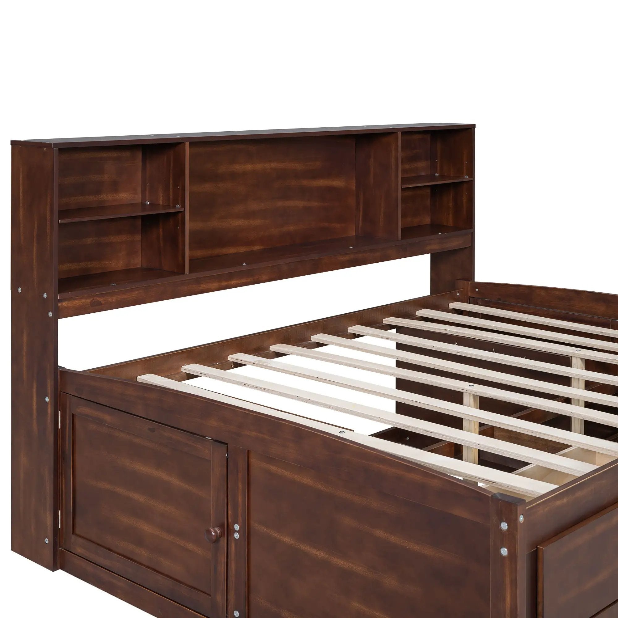 Full Size Captain Bed With Built In Storage Shelves, 4 Drawers And 2 Cabinets - Antique Brown by HouseOfZazla