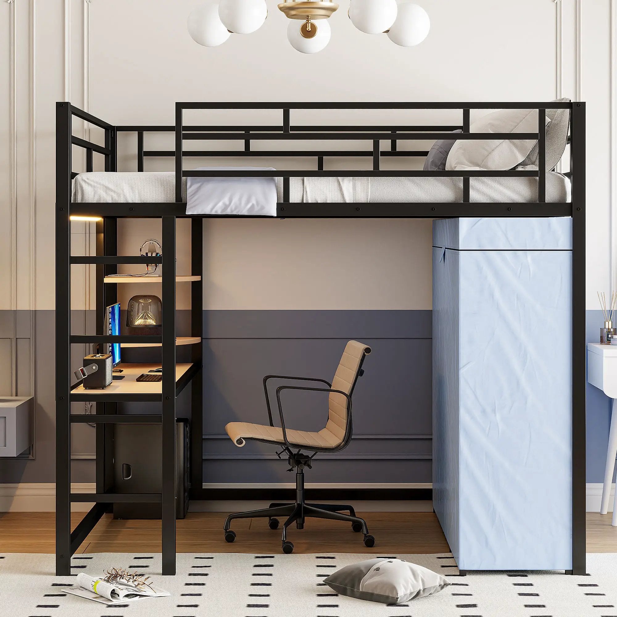 Loft Bed With Desk, Shelves, Power Outlet, LED Light And Wardrobe by Unique Piece Furniture