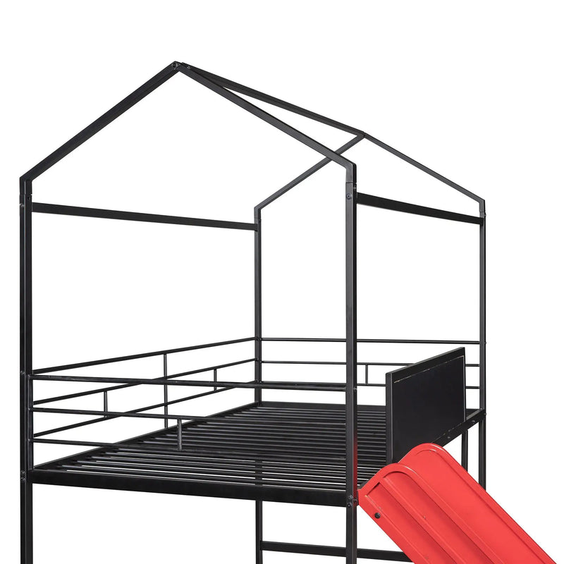 Twin Metal Loft Bed With Slide And 2 Sided Writable Wooden Board - Black by HouseOfZazla