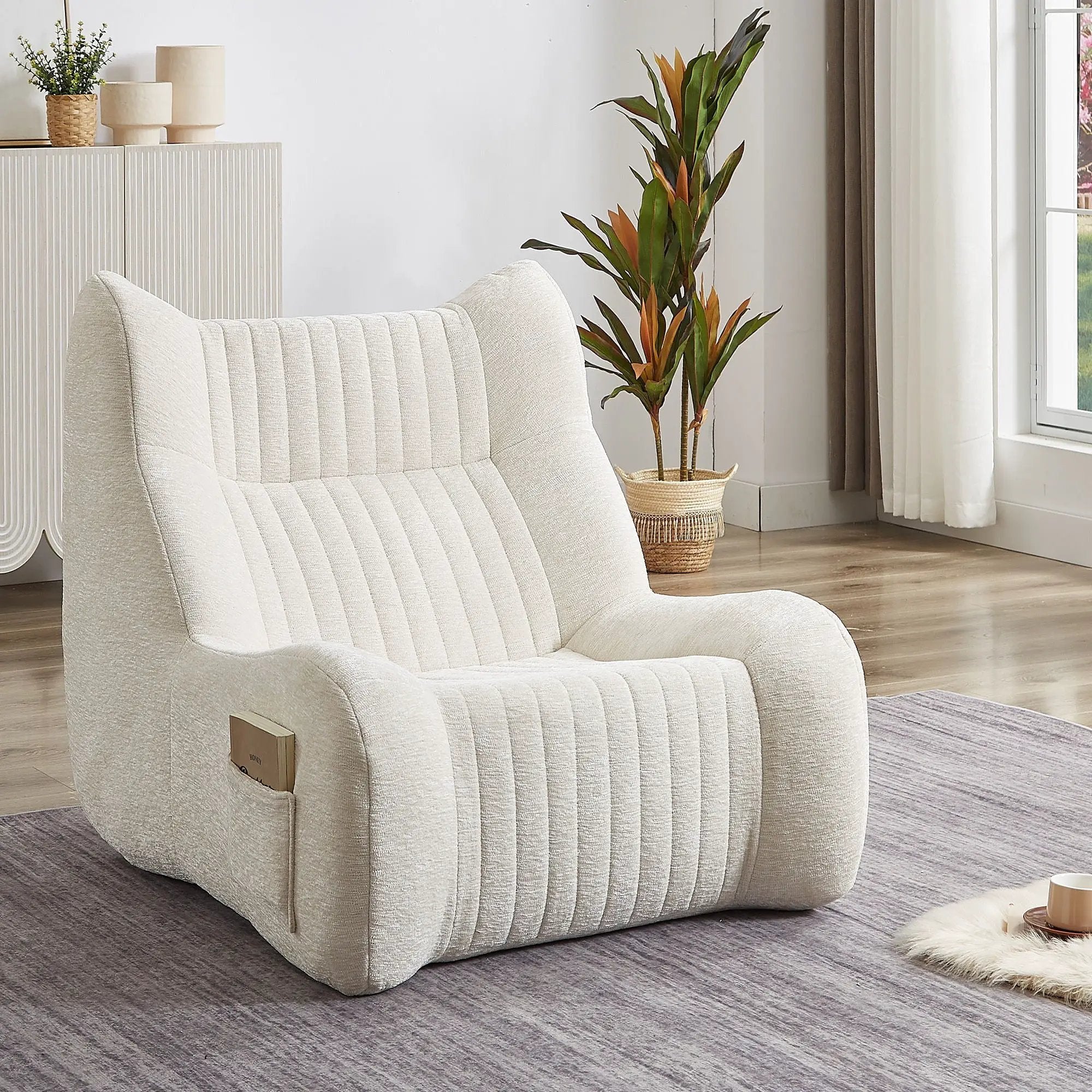 Bean Bag Chair For Adults, Lazy Floor Sofa Couch Memory Foam Bean Bag Sofas Chenille Fabric Reading Chair Comfortable Corner Lounge Sofa For Living Room - White by Unique Piece Furniture
