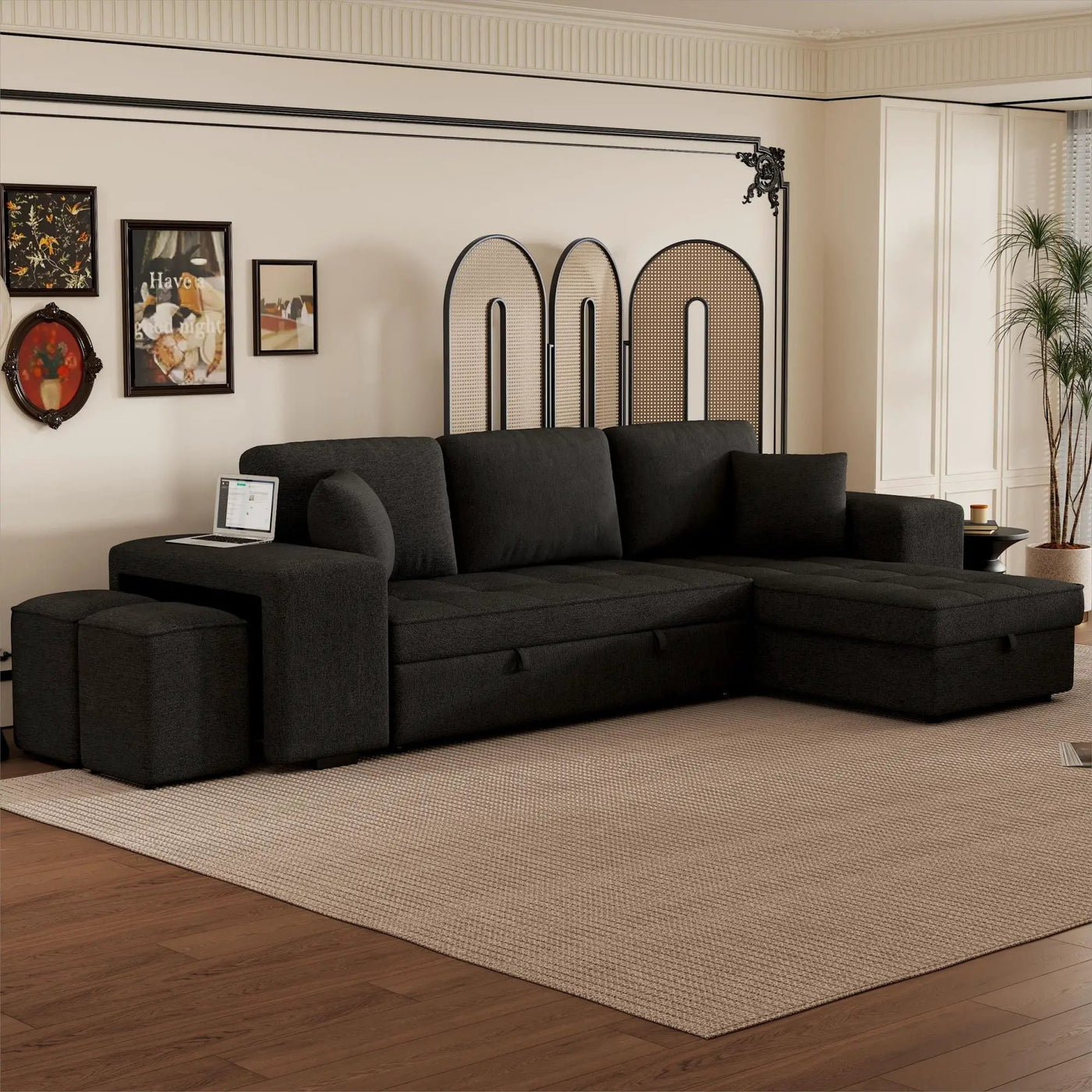 Modern L-Shape 3 Seat Reversible Sectional Couch, Pull Out Sleeper Sofa With Storage Chaise And 2 Stools For Living Room Furniture Set by Unique Piece Furniture