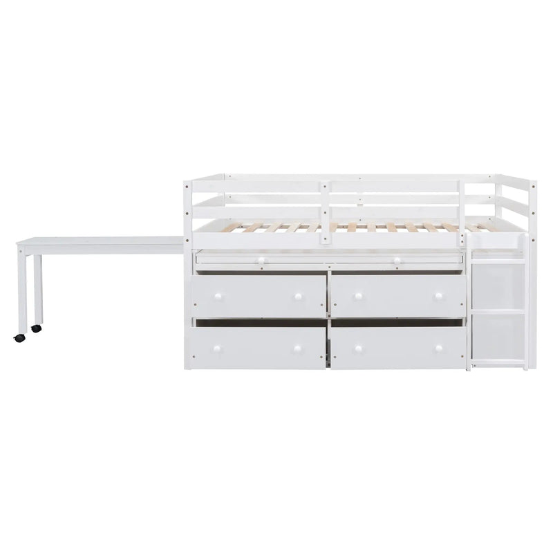 Loft Bed With Retractable Writing Desk And 4 Drawers, With Lateral Portable Desk And Shelves by Unique Piece Furniture