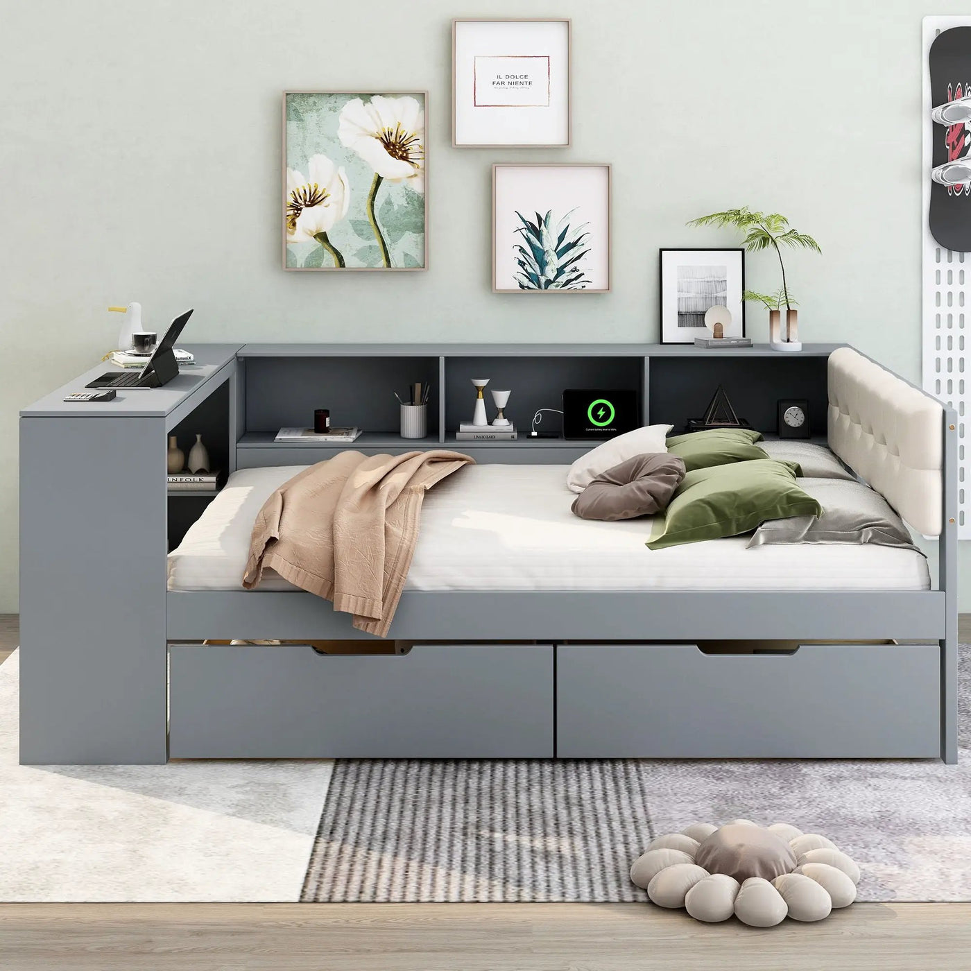 Upholstered Headboard Platform Bed With Storage Shelves, Drawers, Charging Station by HouseOfZazla