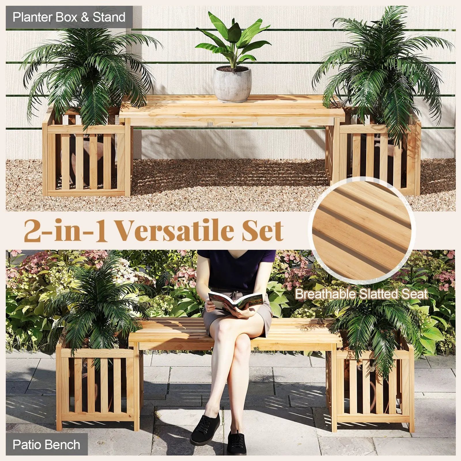 Patio Wooden Bench with Planter 2 Person Patio Bench-Natural by DirectDeals