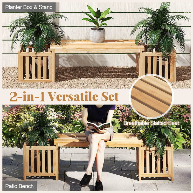 Patio Wooden Bench with Planter 2 Person Patio Bench-Natural by DirectDeals