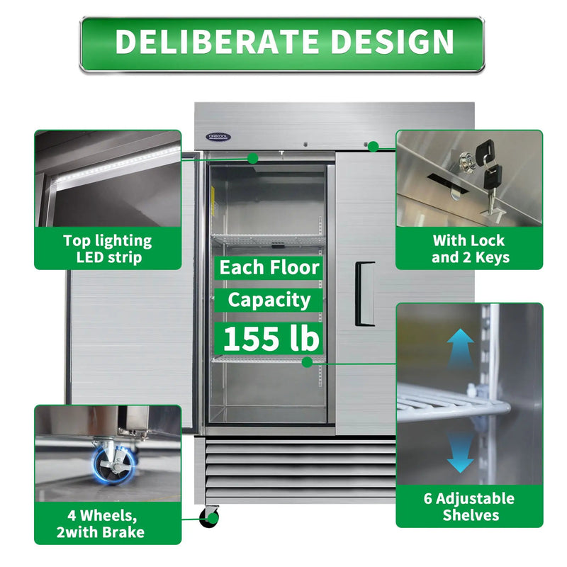 54" Commercial Refrigerator 49 Cu.Ft With 2 Solid Door Reach-In Refrigerators Stainless Steel Etl Approved Upright Fridge Storage - Silver by HouseOfZazla