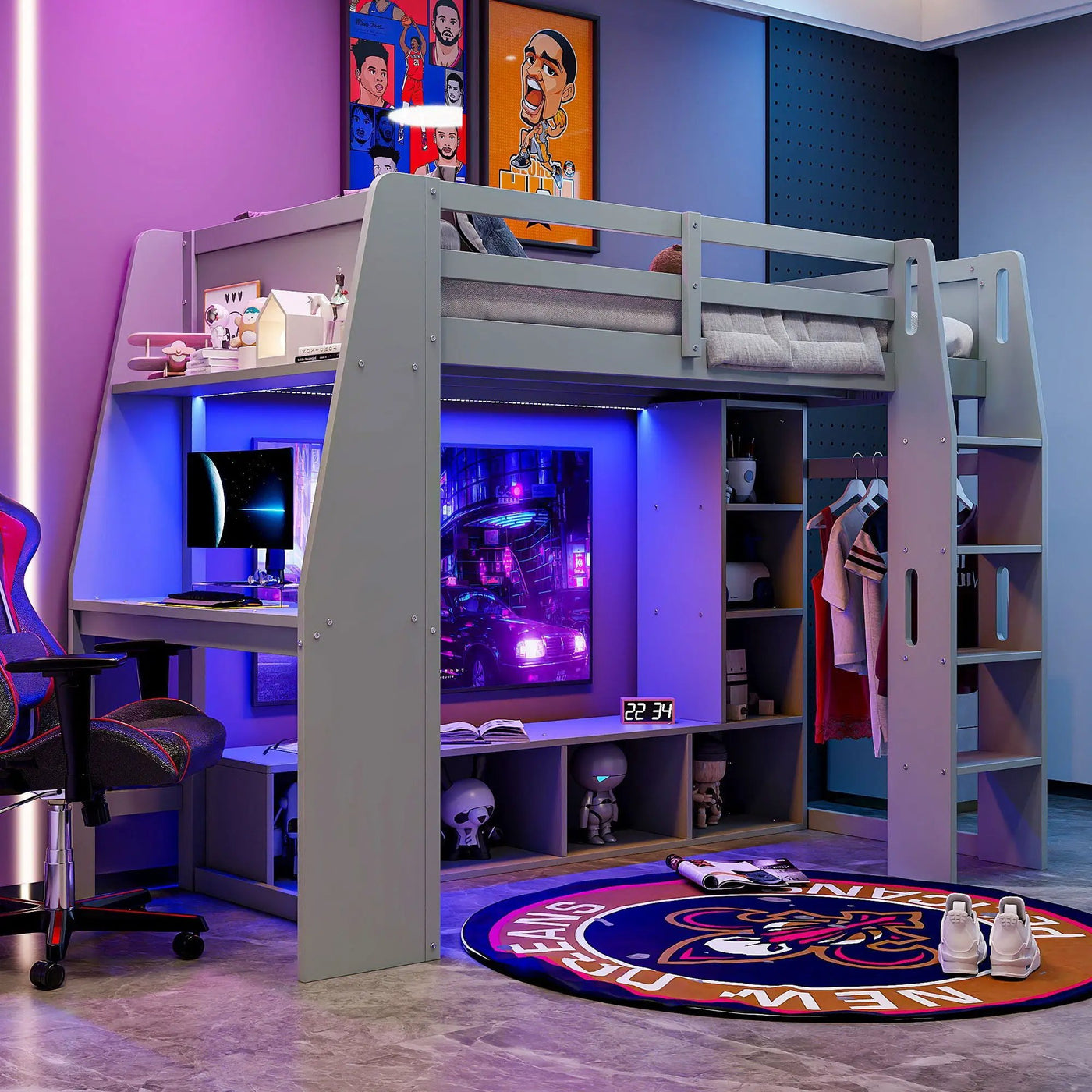 Gaming Loft Bed With Desk, Multi Storage Shelves, LED Lighting, And Hanging Clothes Rack by HouseOfZazla
