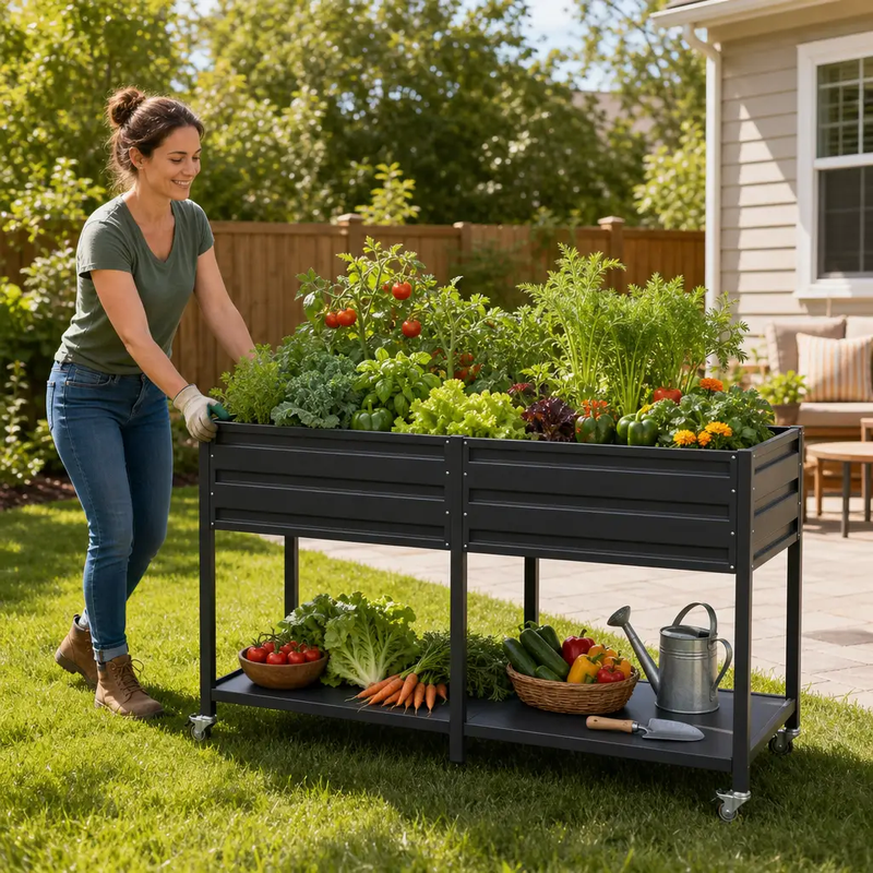 Dual Tier Elevated Metal Raised Garden Bed with Lockable Wheels & Lower Storage Shelf by HouseOfZazla