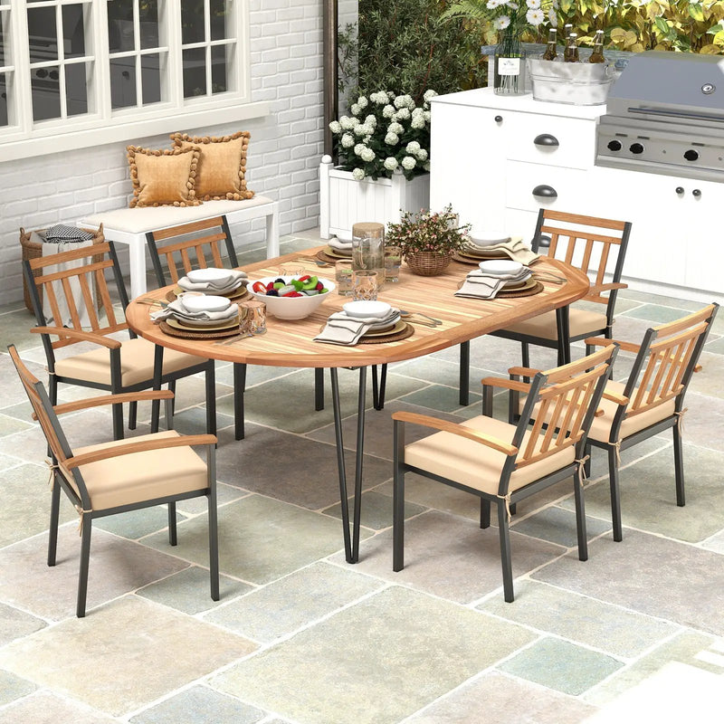 79 Inch Oval Patio Dining Table with Umbrella Hole and Acacia Wood Tabletop for 8 People by DirectDeals