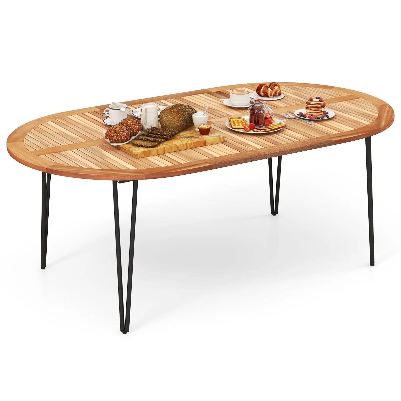 79 Inch Oval Patio Dining Table with Umbrella Hole and Acacia Wood Tabletop for 8 People by DirectDeals