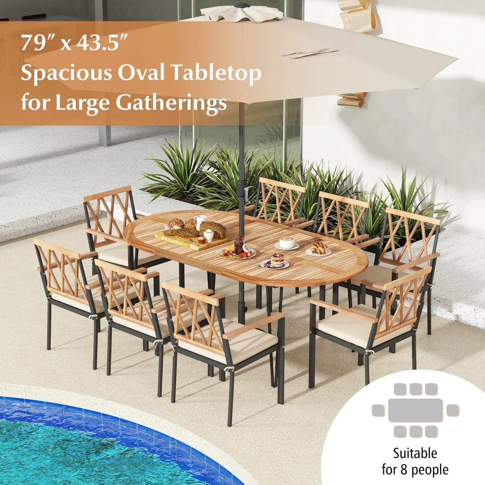 79 Inch Oval Patio Dining Table with Umbrella Hole and Acacia Wood Tabletop for 8 People by DirectDeals