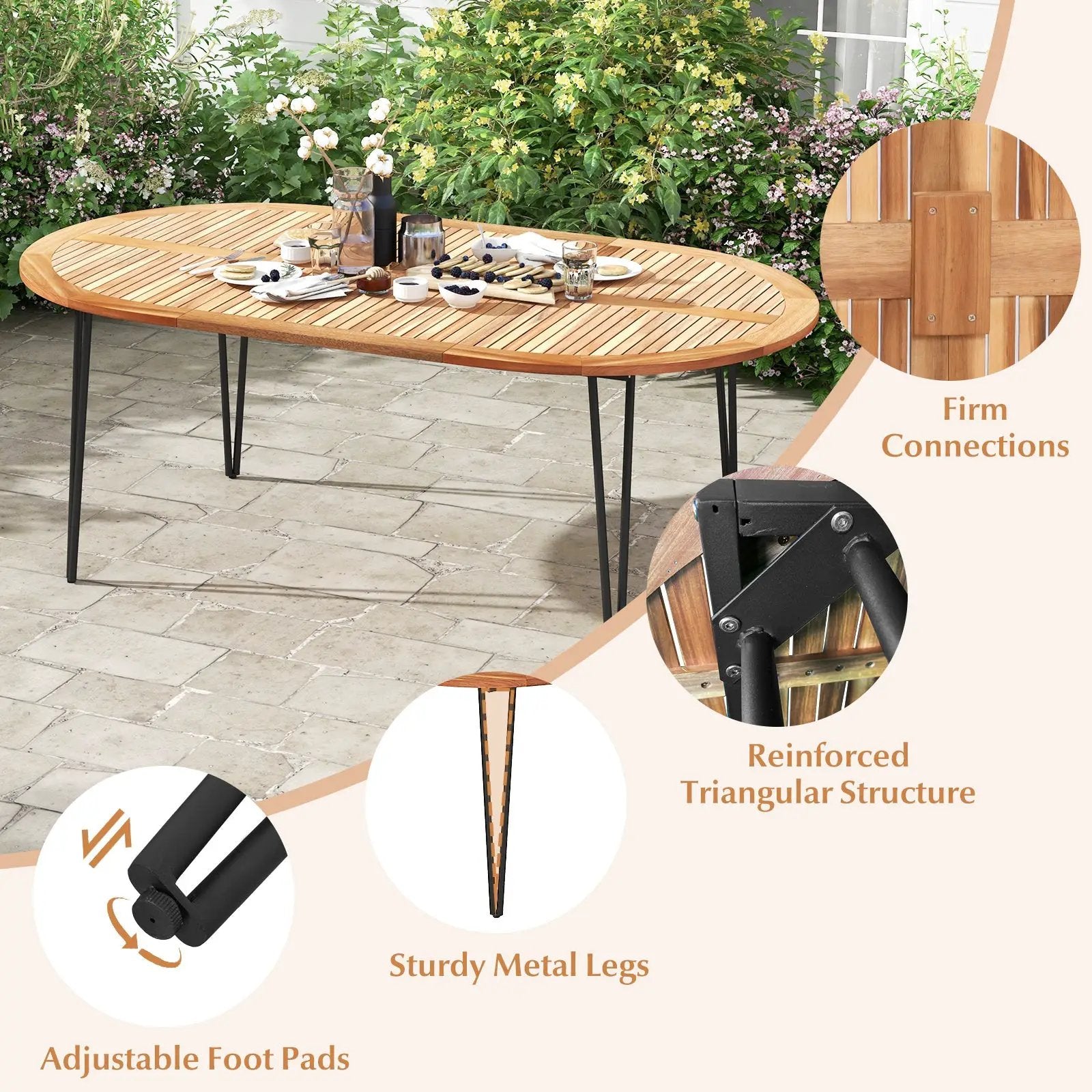 79 Inch Oval Patio Dining Table with Umbrella Hole and Acacia Wood Tabletop for 8 People by DirectDeals
