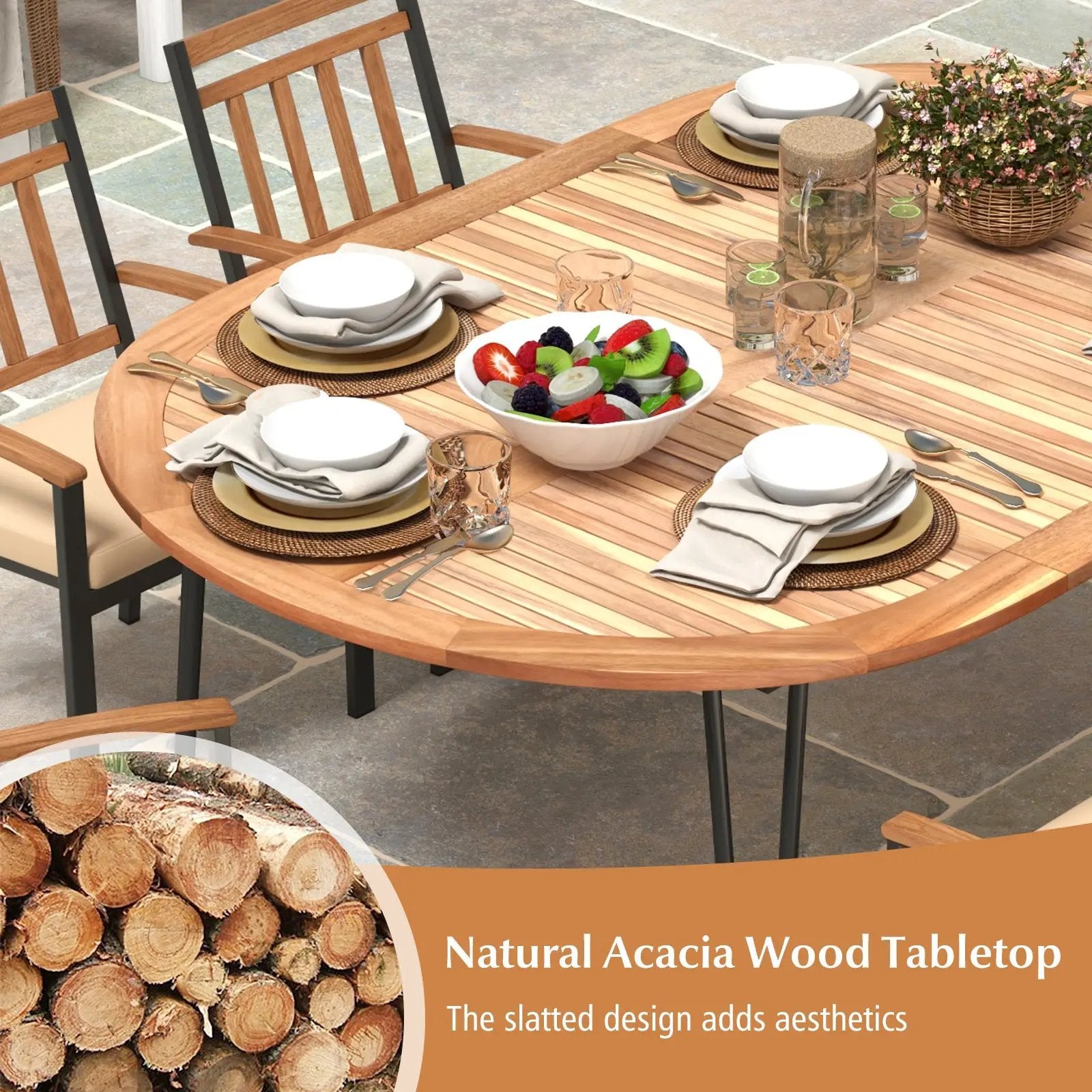 79 Inch Oval Patio Dining Table with Umbrella Hole and Acacia Wood Tabletop for 8 People by DirectDeals