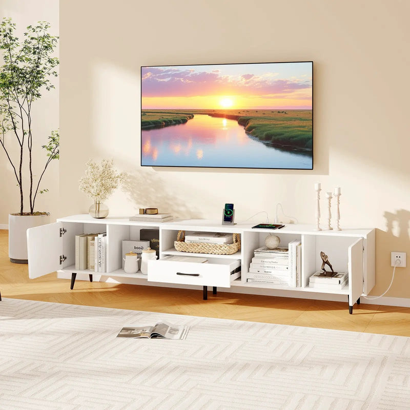 79" TV Stand for TVs up to 90 Inches Entertainment Center Wood Media Console Table Modern Mid Century TV Cabinet-White by DirectDeals