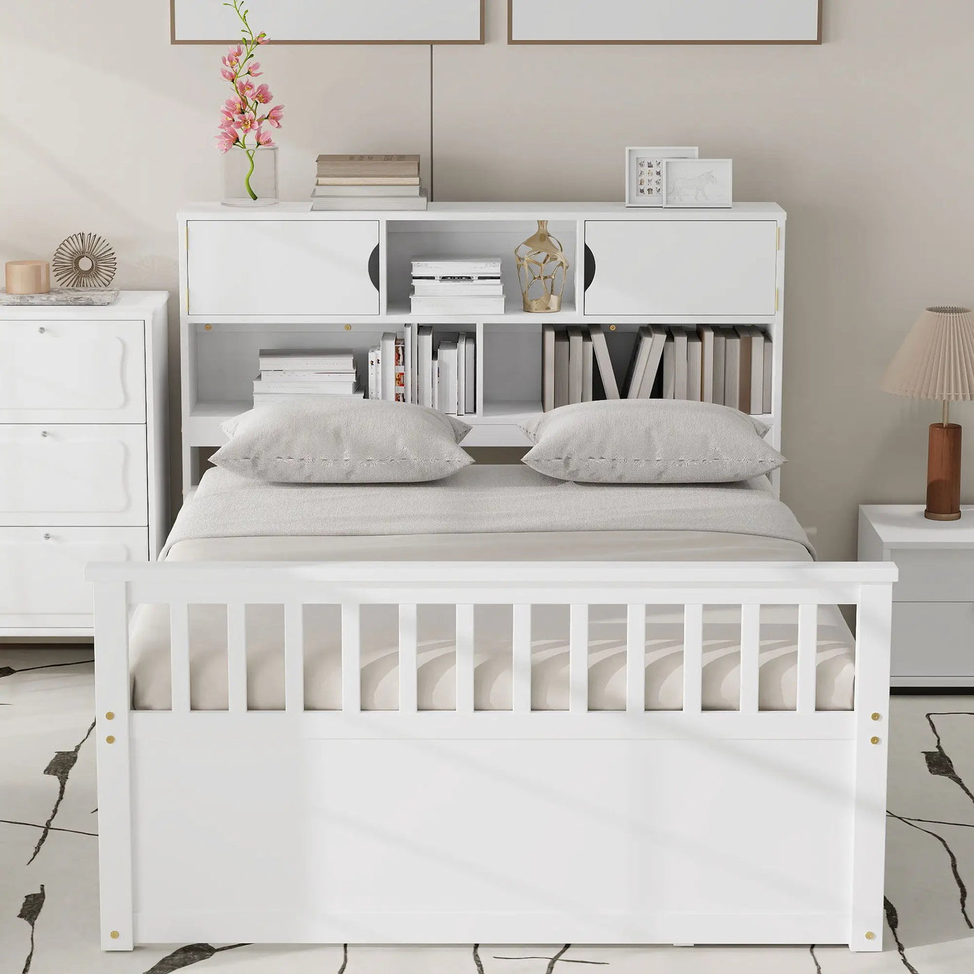 Captain Platform Bed Frame With Bookcase Headboard, 4 Drawers, Storage Shelves by HouseOfZazla