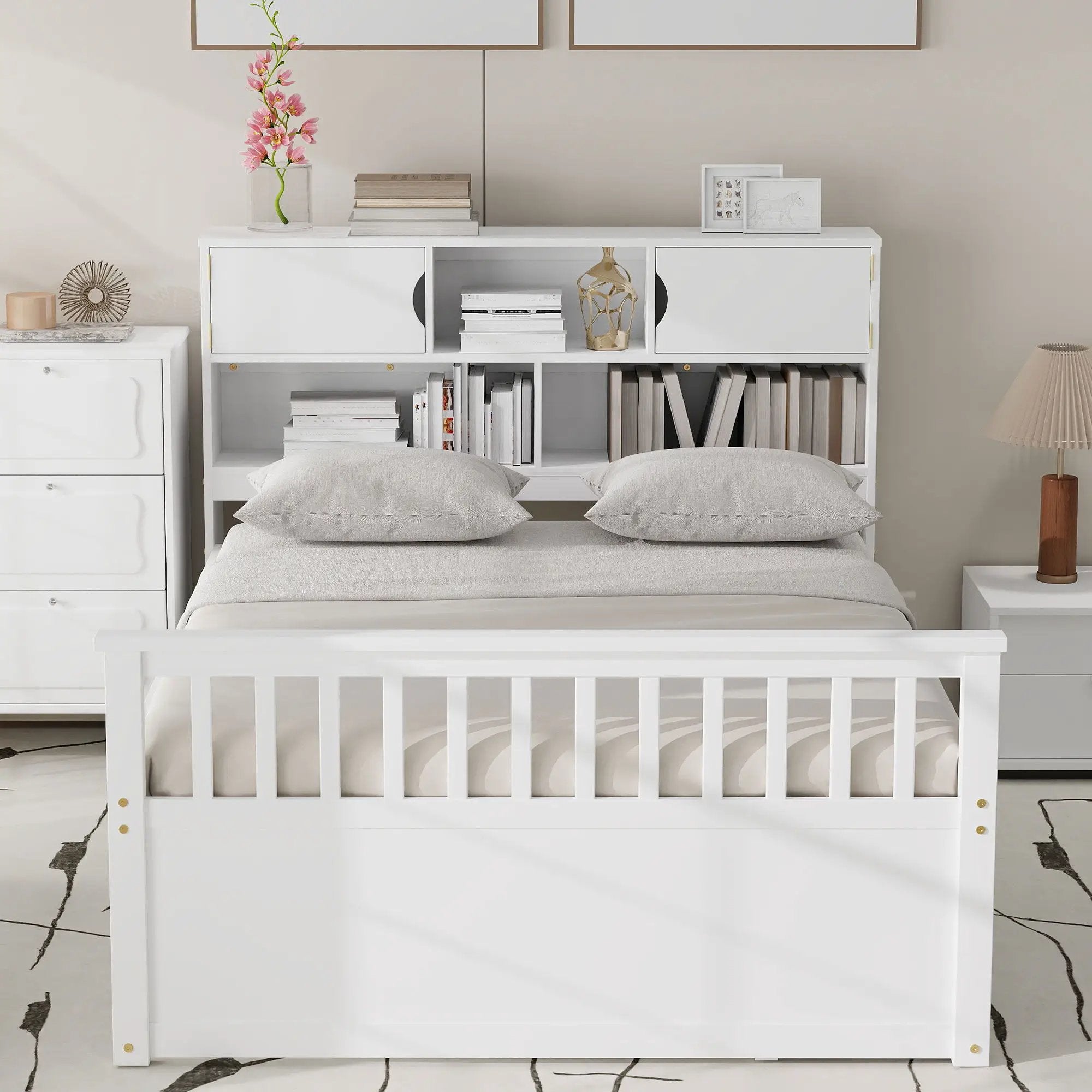 Captain Platform Bed Frame With Bookcase Headboard, 4 Drawers, Storage Shelves by Unique Piece Furniture