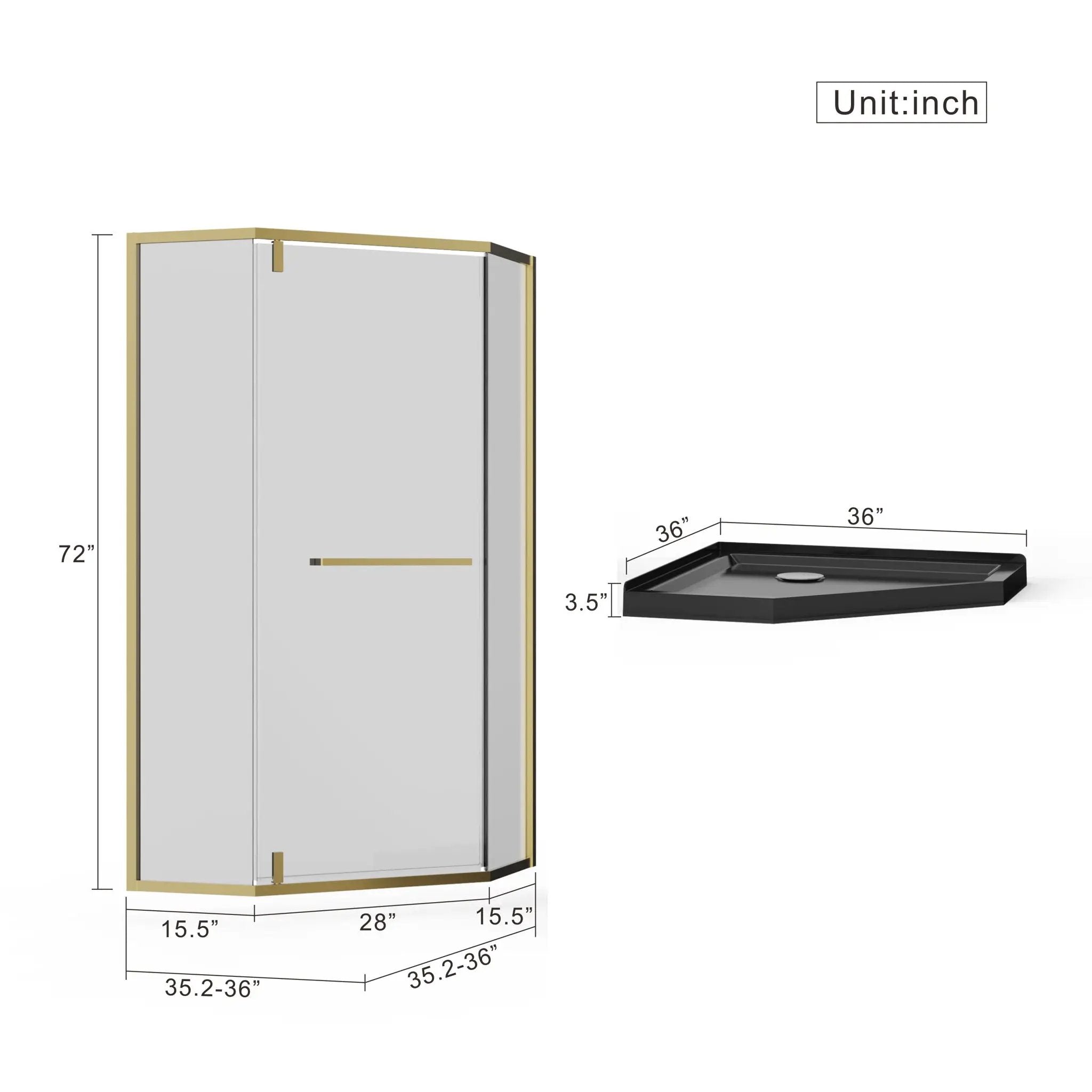 Goodyo - Neo-Angle Frameless Shower Door Corner Enclosure With Acrylic Shower Base Combo, Pivot Shower Door by HouseOfZazla