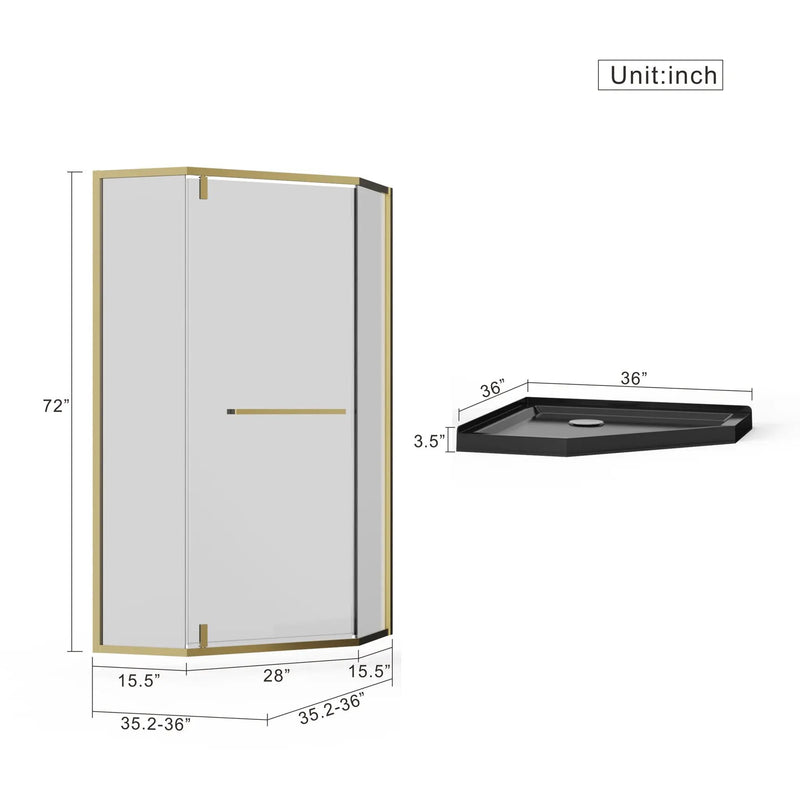 Goodyo - Neo-Angle Frameless Shower Door Corner Enclosure With Acrylic Shower Base Combo, Pivot Shower Door by HouseOfZazla