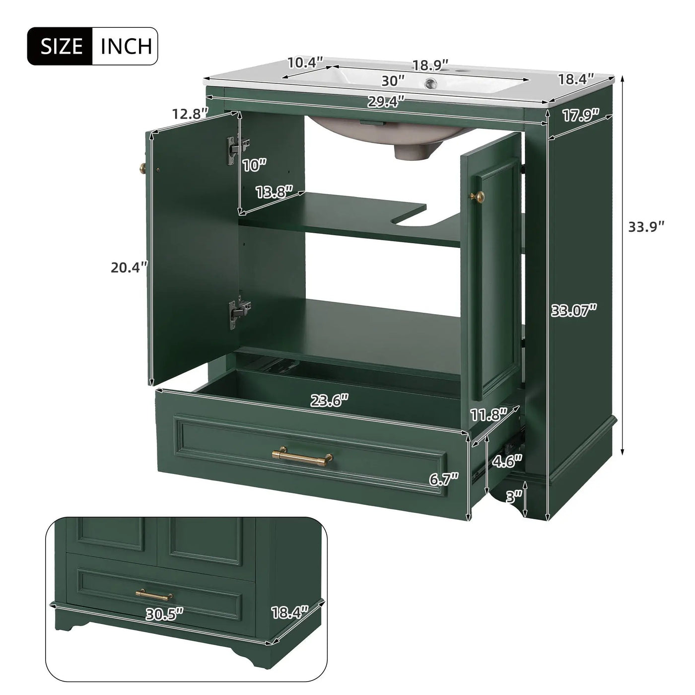 Bathroom Vanity With Sink, Cabinet & 2 Soft Closing Doors & Adjustable Shelf by Unique Piece Furniture