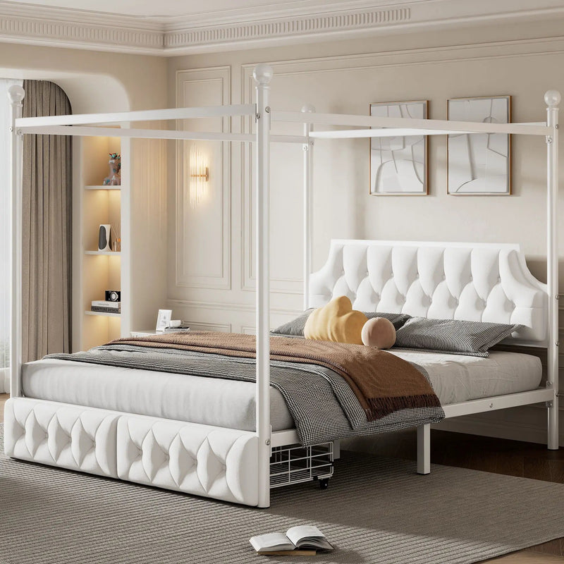 Queen Size Canopy Platform Bed With Upholstered Headboard And 2 Storage Drawers - White by HouseOfZazla