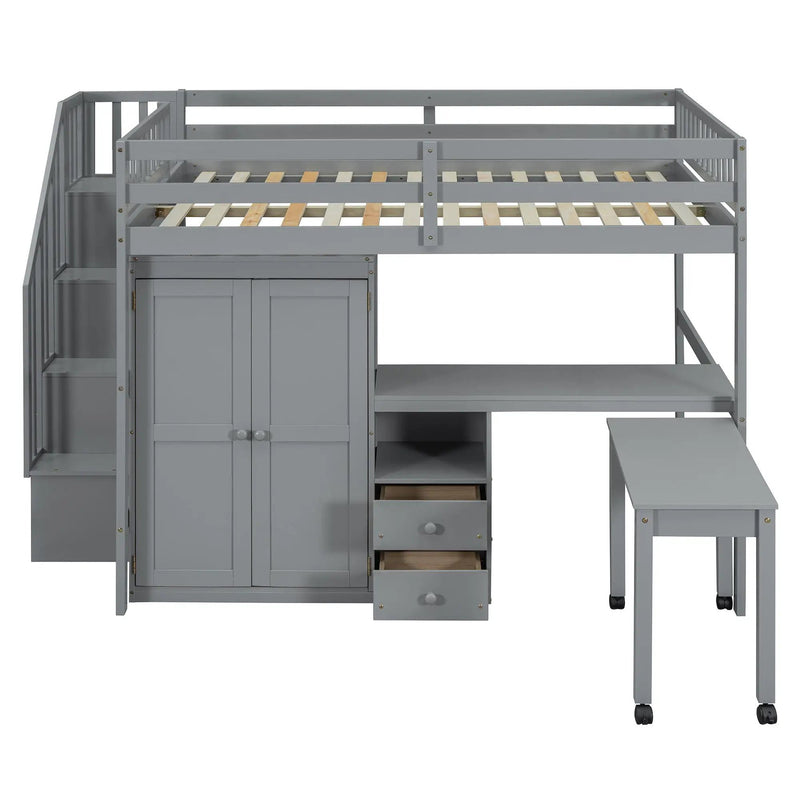 Loft Bed With Stairs, Bookshelf, Drawers, Desk & Wardrobe, Space Saving Multifunctional Furniture by HouseOfZazla