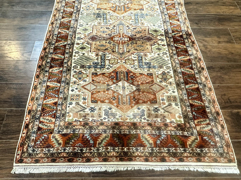 Turkish Kazak Rug 4x6, Geometric Medallions, Vintage Handmade Wool Carpet by Jewel Rugs