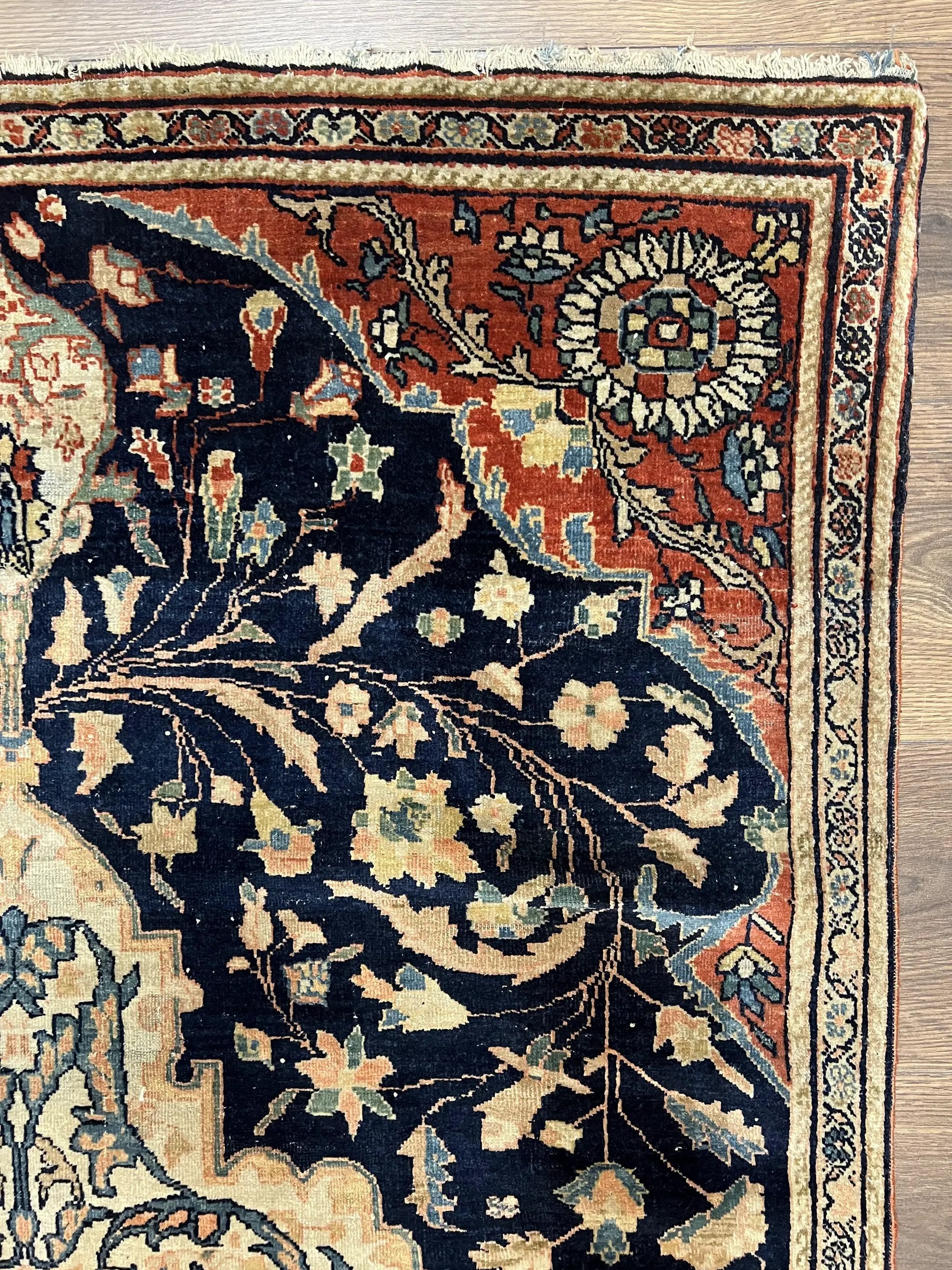 Antique Persian Rug 3.5 x 5, Sarouk Farahan Rug, High Quality 1920s Fine Oriental Carpet 3 x 5 ft, Large Medallion, Floral, Navy Blue Red, Hand Knotted Wool Rug by Jewel Rugs