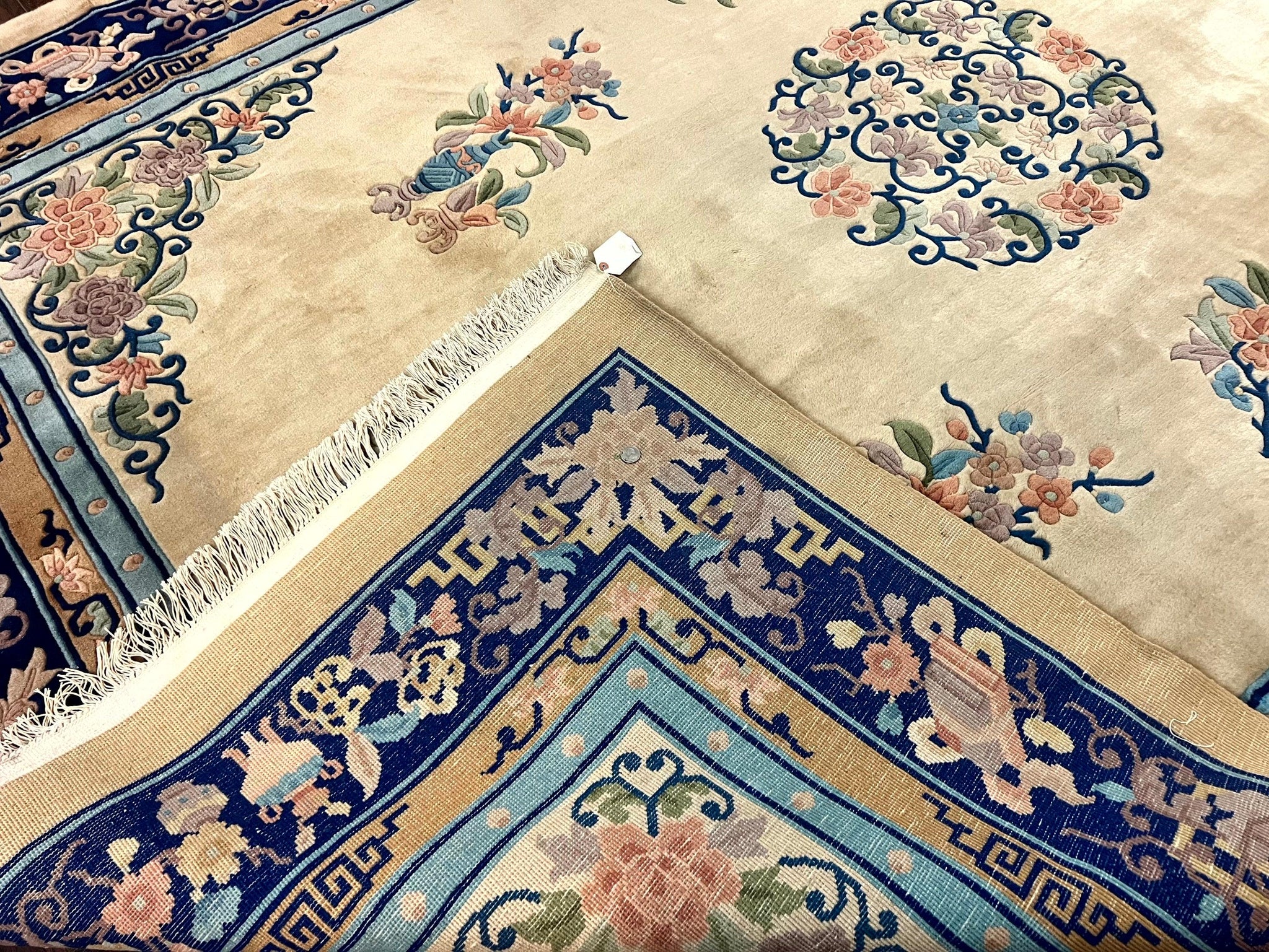 Chinese Wool Rug 8x11, Peking Asian Oriental Carpet, Cream/Ivory and Blue, Vintage Handmade Rug, Art Deco Rug by Jewel Rugs