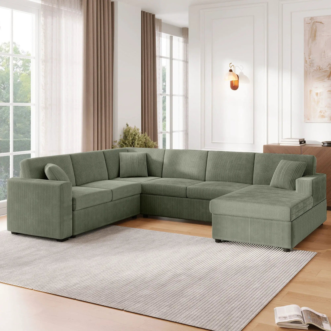 Oversized Sectional U-Shaped Sofa With Chaise Lounge And Three Soft Throw Pillows by HouseOfZazla