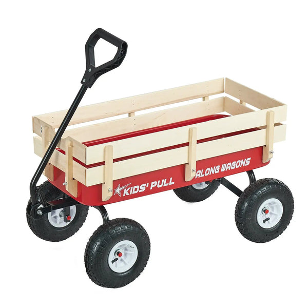 Pull-Along Wagon for Kids, 39 Inch Toddler Wagon with Wooden Panels & Handle