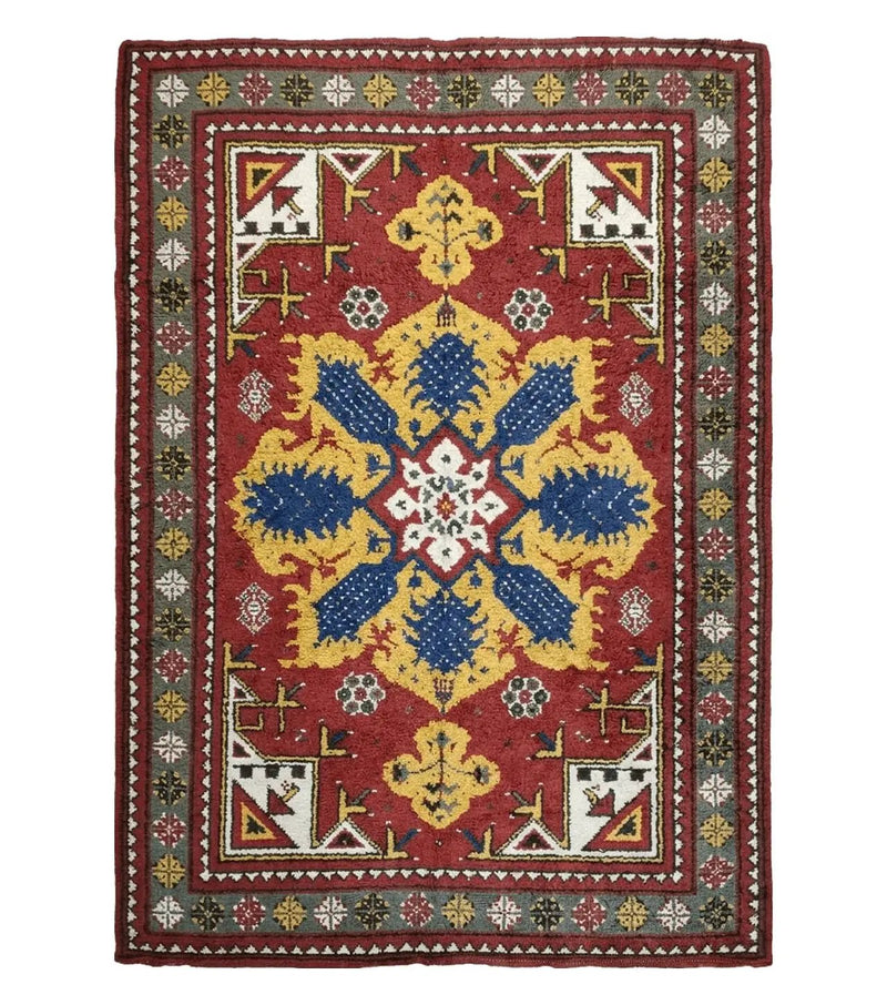 Colorful Moroccan Heriz Rug 6x9, Large Central Medallion, Red Yellow Blue by Jewel Rugs