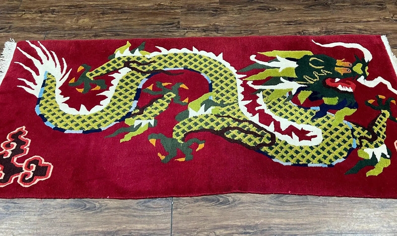 Vintage Chinese Dragon Rug 3 x 6.8, Handmade Hand Knotted Red Chinese Carpet with Gold Dragon, Art Deco Peking Soft Chinese Rug Runner by Jewel Rugs