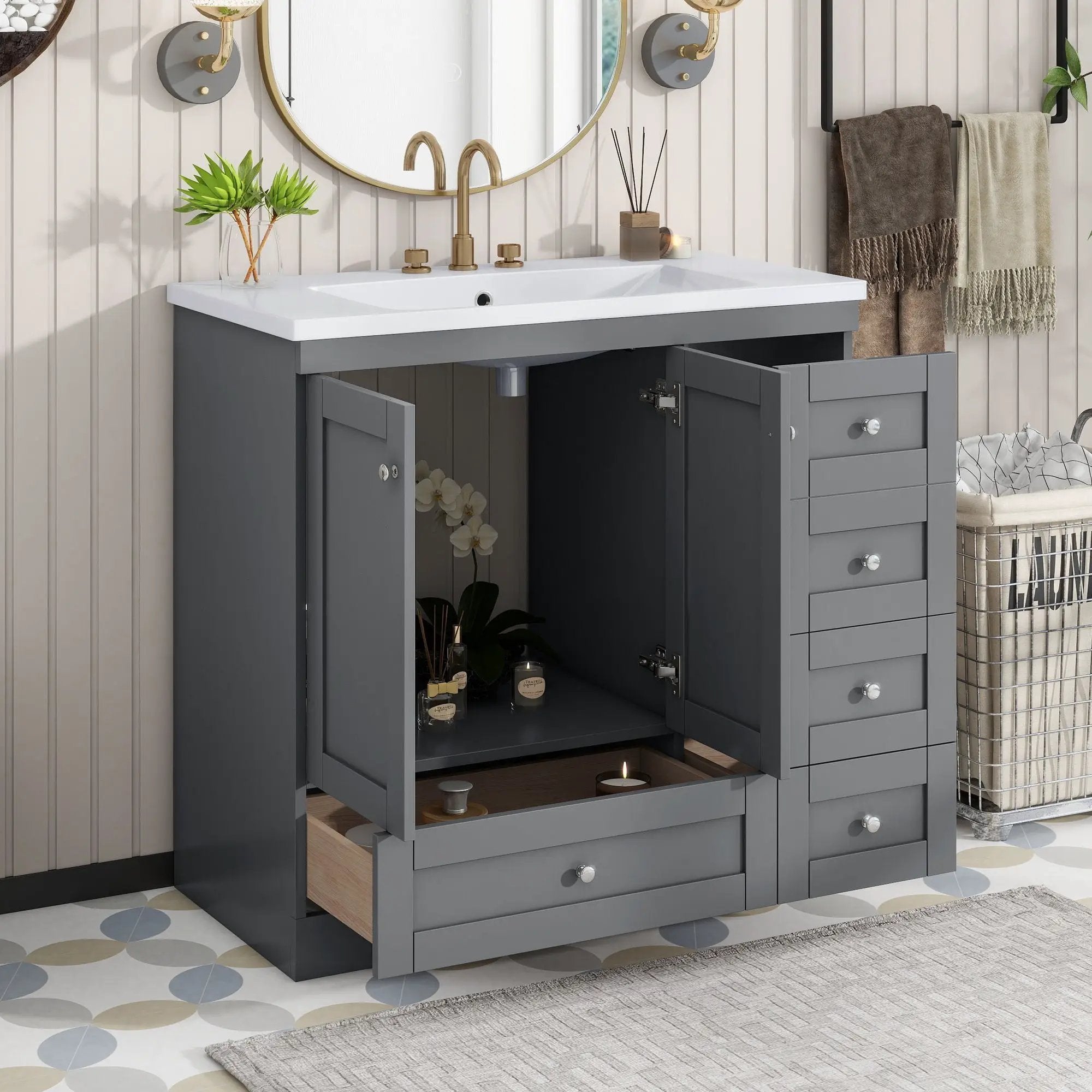 Shaker Free Standing Bathroom Vanity Cabinet With Sink, Soft Close Drawers, Soft Close Doors by Unique Piece Furniture