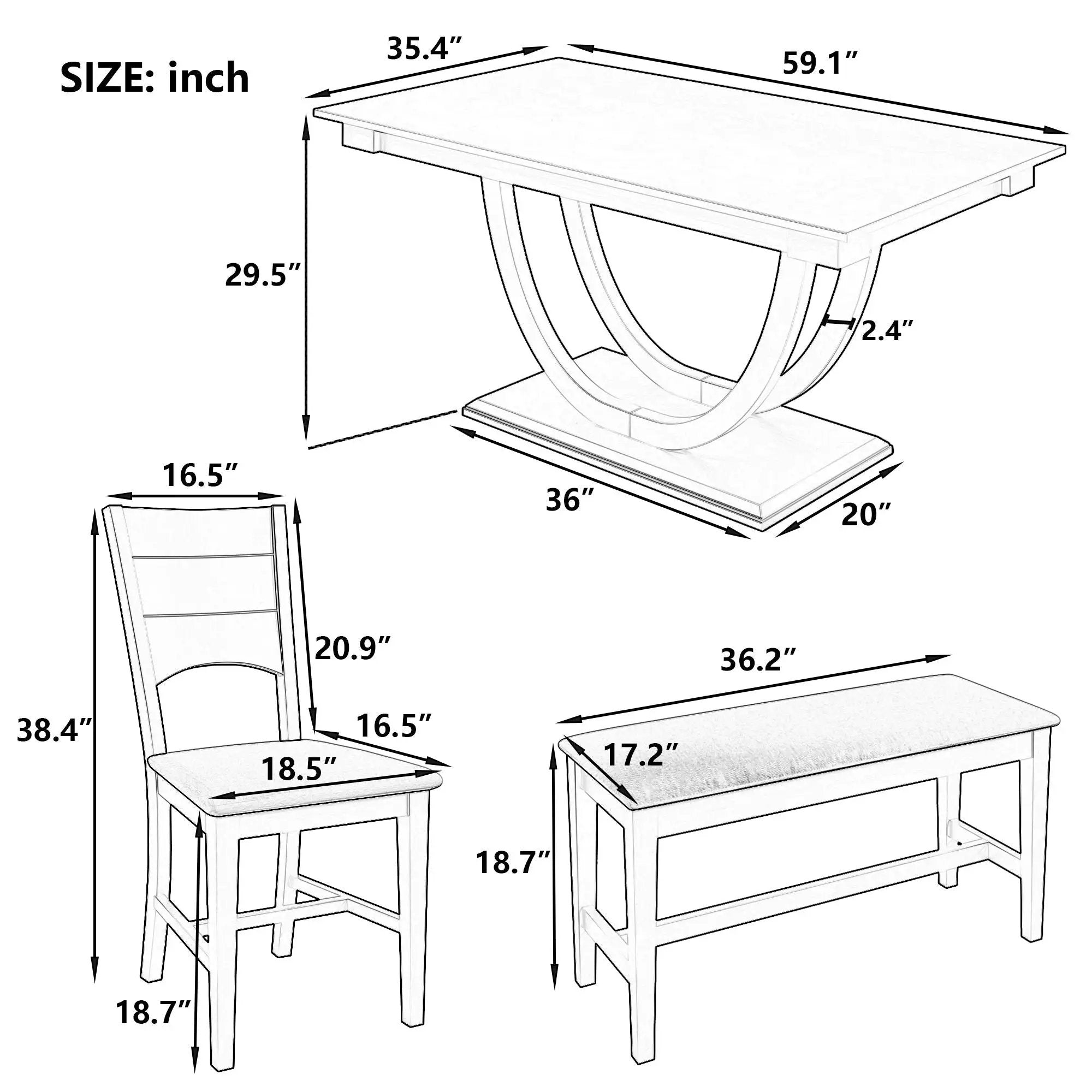 Topmax - 6 Piece Wood Half Round Dining Table Set Kitchen Table Set With Long Bench And 4 Dining Chairs, Modern Style by Unique Piece Furniture