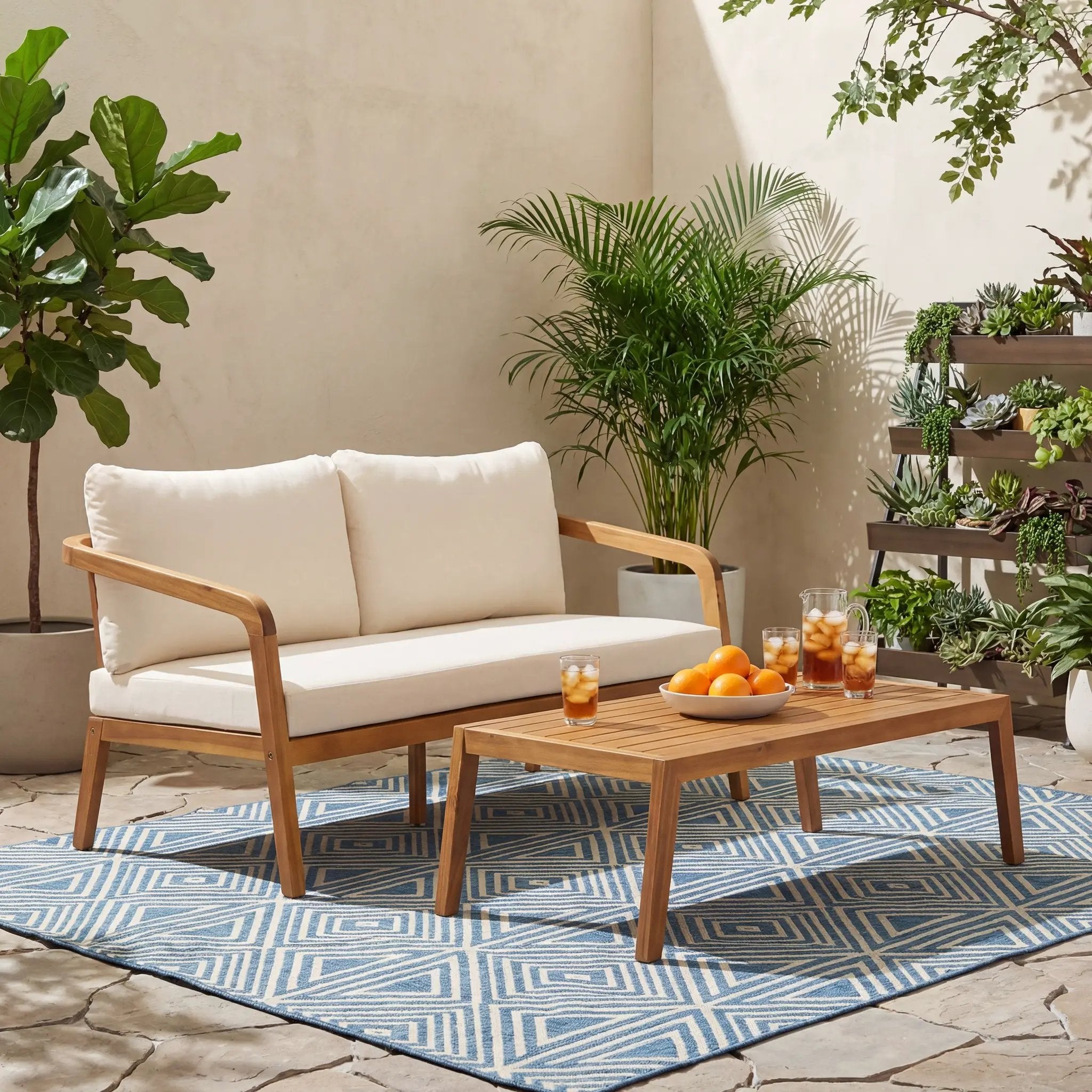 2-Piece Outdoor Loveseat & Coffee Table Set Acacia Wood Frame with PE Wicker Back & Water-Resistant Cushions by HouseOfZazla