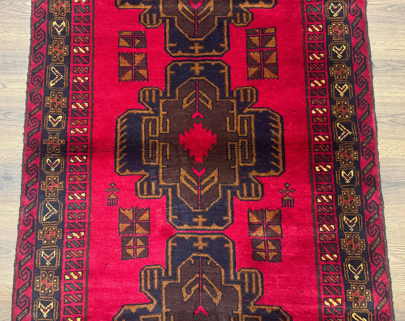 Red Afghan Balouch Rug 4x7, Triple Medallions, Handmade, New by Jewel Rugs