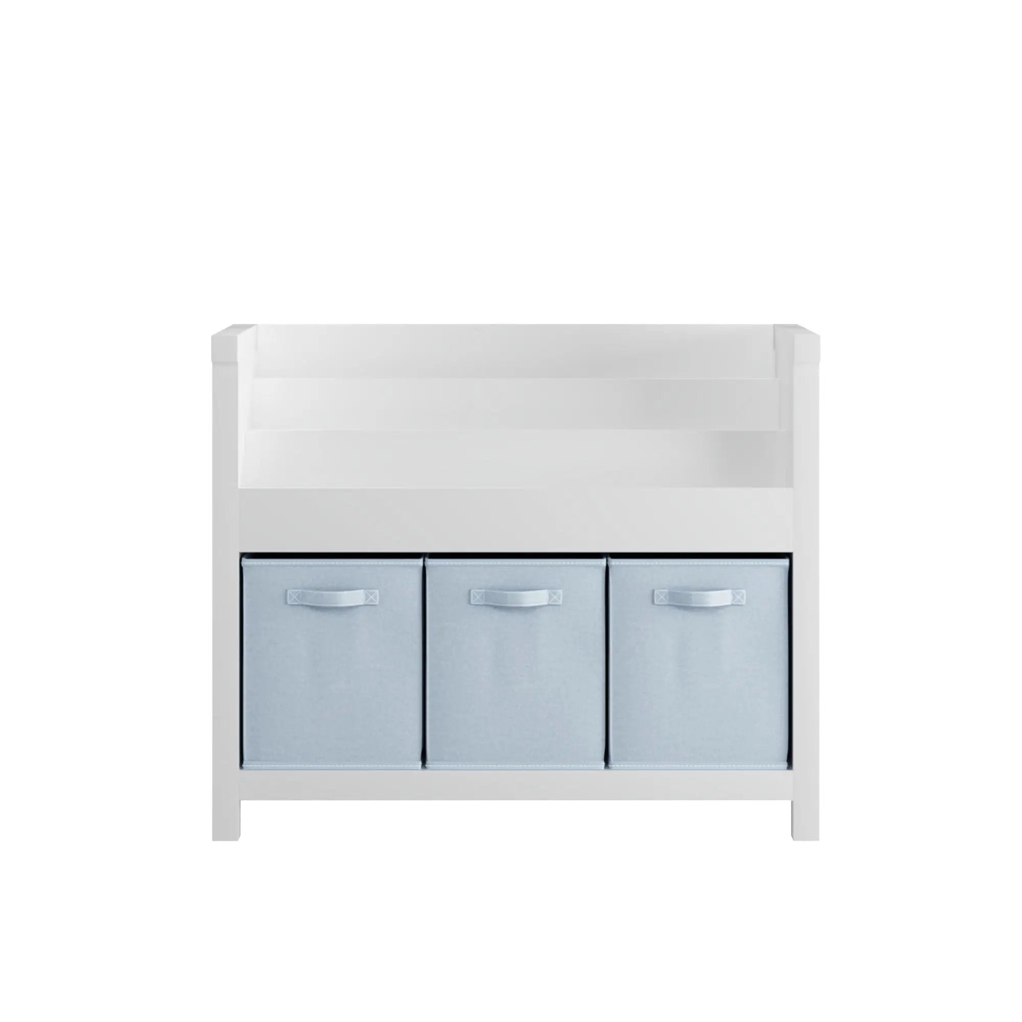 Bookshelf With 3 Tier Front Facing Storage And 3 Bins, Toddler Bookcase For Playroom - White by HouseOfZazla