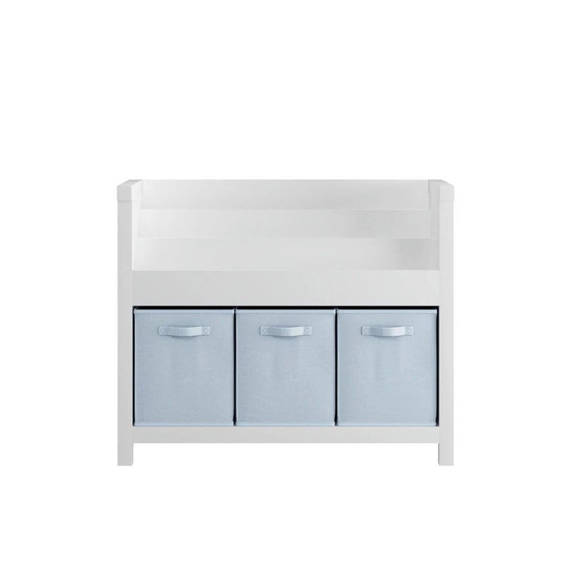 Bookshelf With 3 Tier Front Facing Storage And 3 Bins, Toddler Bookcase For Playroom - White by HouseOfZazla