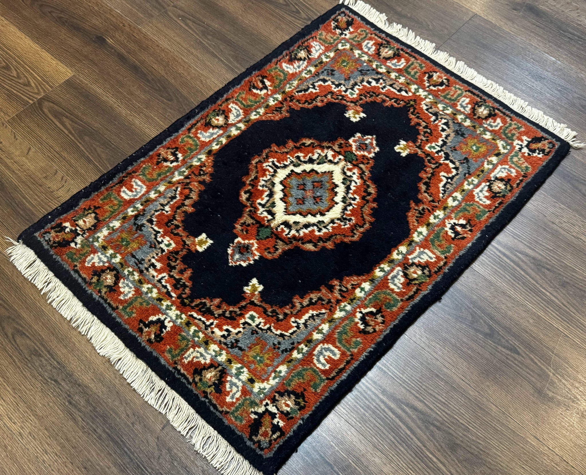 Small Indo Persian Rug 2x3, Navy Blue & Terracotta, Wool, Handmade by Jewel Rugs