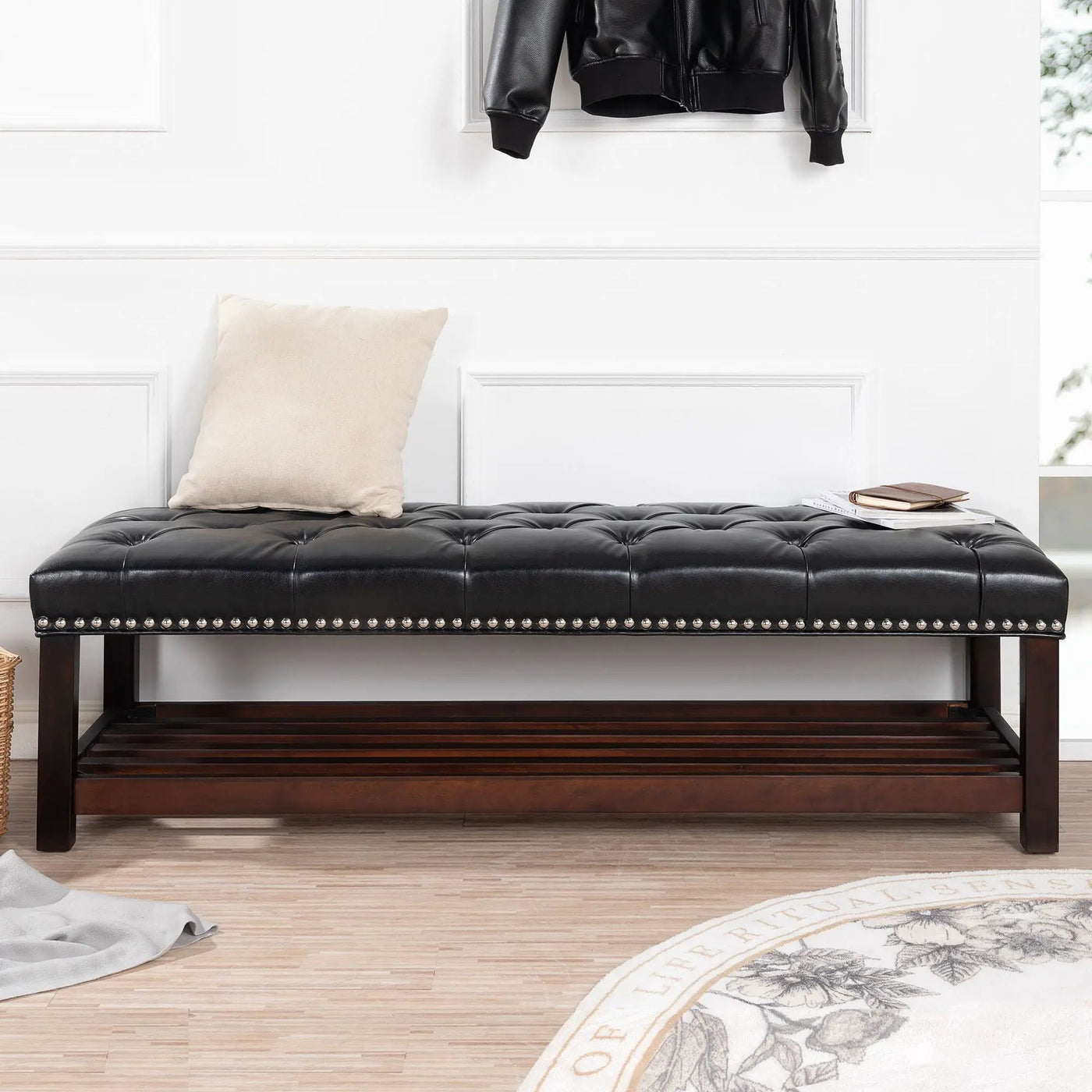 Bedroom End Of Bed Bench Tufted Upholstered End Of Bed Bench End Of Bed Entrance Shoe Bench With Nailhead Trim And Shelf Bedroom Upholstered Bench Living Room Shoe Rack Footstool by Unique Piece Furniture