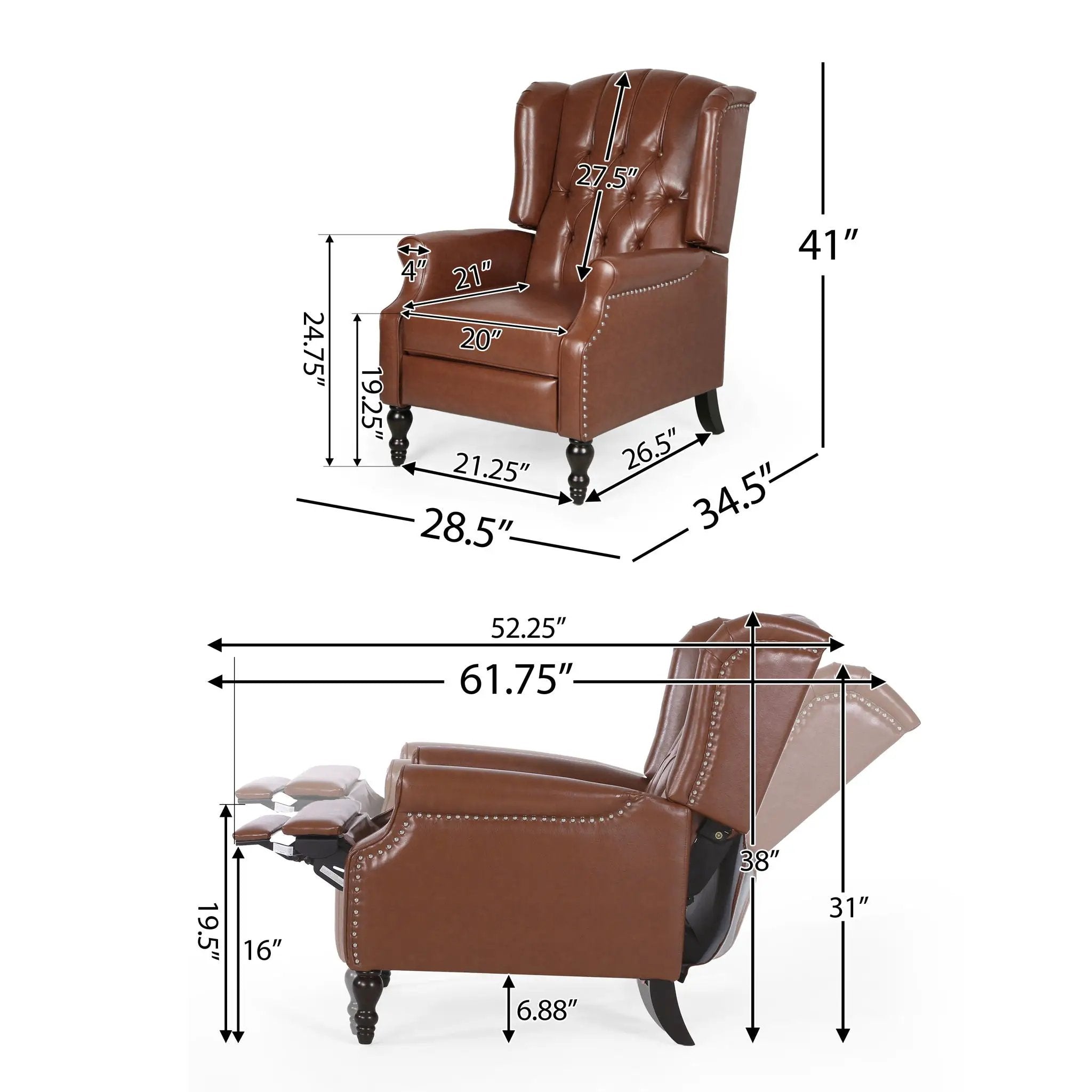 Upholstered Wingback Recliner With Nailhead Trim And Rolled Recessed Arms - Light Brown by Unique Piece Furniture