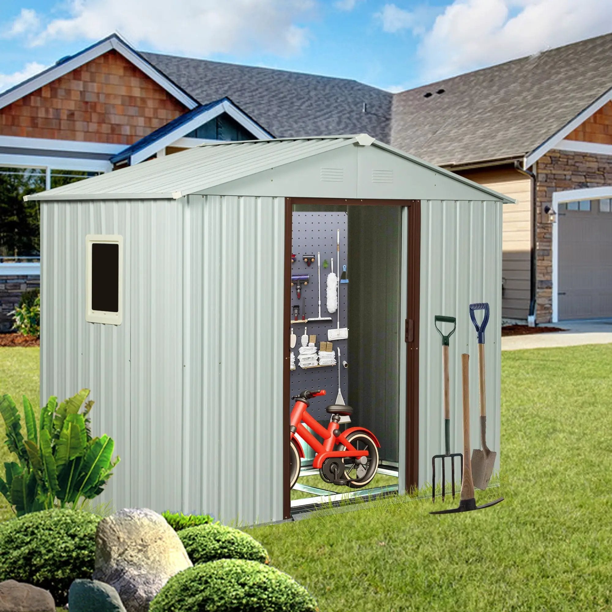 Ry-Sdyx56-Ww Outdoor Metal Storage Shed With Window - White by HouseOfZazla