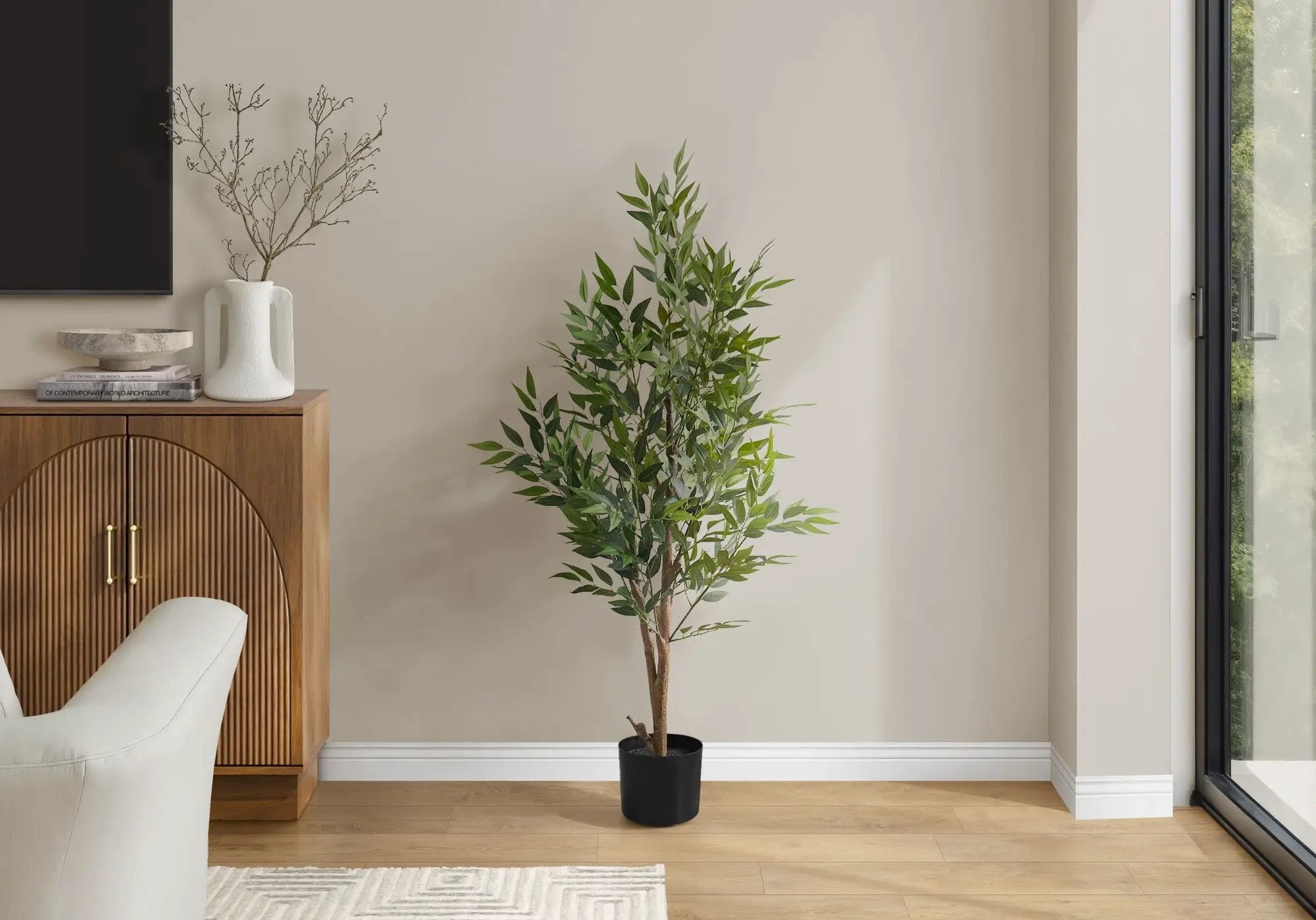 47" Tall, Artificial Plant, Acacia Tree, Indoor, Faux, Fake, Floor, Greenery, Potted, Silk, Decorative - Green / Black by Unique Piece Furniture
