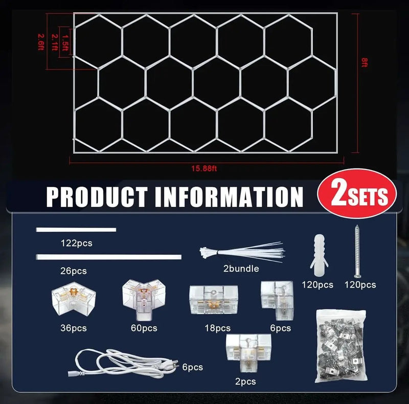 Open Box Baquler 15 Hexagon LED Garage Light System Honeycomb LED Shop Lights with White Border for Garage Workshop Car Detailing Shop Exhibition Hall by Selzalot