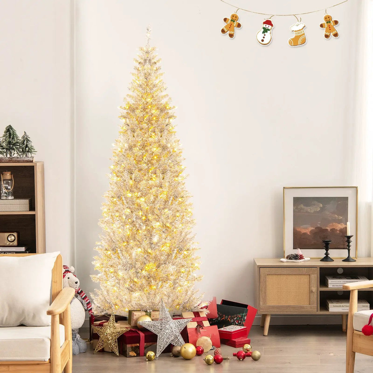 6/7 FT Pre-Lit Artificial Silver Tinsel Xmas Tree with 790 Branch Tips and 300 LED Lights